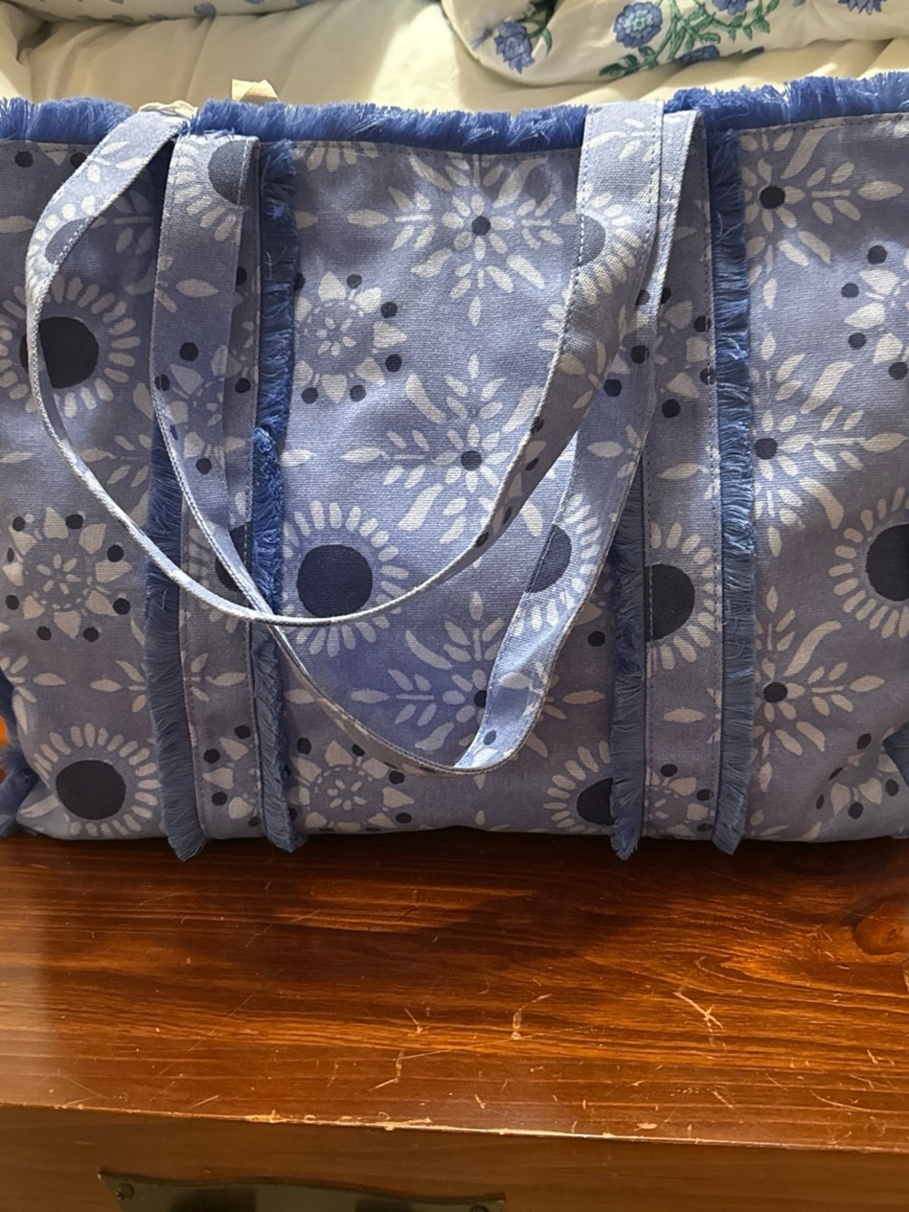 Roller Rabbit Blue Floral Fringe Canvas Tote Bag
